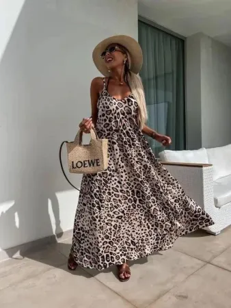 Kadın Askılı Yuvarlak Yakalı Geniş Kesim Leopar Desenli Uzun Süprem Elbise - L-XL - Leopar
