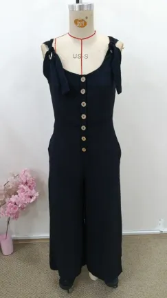 Kadın Askılı Yuvarlak Yakalı Kuş Gözü Detaylı önden Düğmeli Aerobin Tulum - L-XL - Siyah