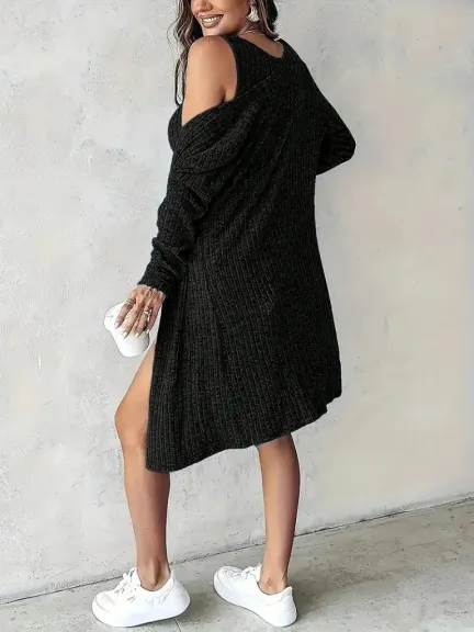 Kadın Askılı Yuvarlak Yakalı önü Düğmeli şardonlu Kaşkorse Mini Elbise Ve Kısa Ceket - 2XL-3XL - Siyah