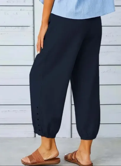 Kadın Beli Lastikli Bağcıklı Düğme Detaylı Pantolon - 2XL-3XL - Lacivert