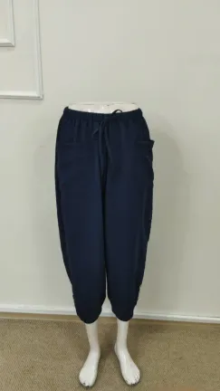 Kadın Beli Lastikli Bağcıklı Düğme Detaylı Pantolon - 2XL-3XL - Lacivert