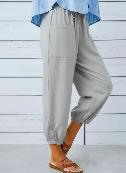 Kadın Beli Lastikli Bağcıklı Düğme Detaylı Pantolon - S-M - Gri