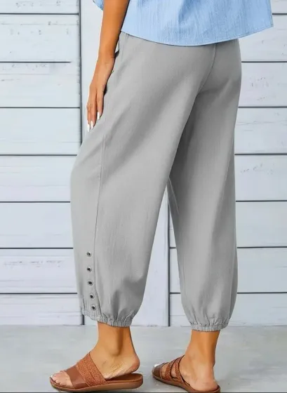Kadın Beli Lastikli Bağcıklı Düğme Detaylı Pantolon - S-M - Gri
