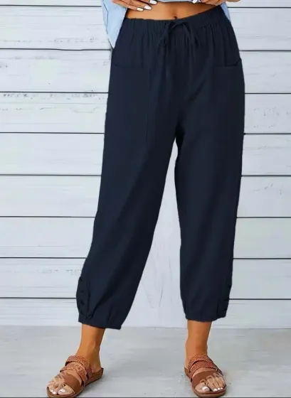Kadın Beli Lastikli Bağcıklı Düğme Detaylı Pantolon - S-M - Lacivert