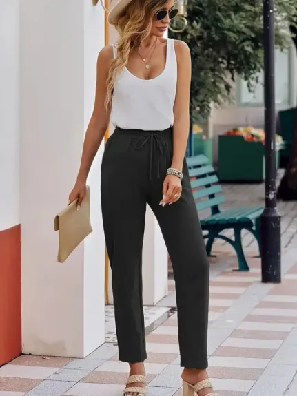 Kadın Beli Lastikli Keten Pantolon - S-M - Siyah