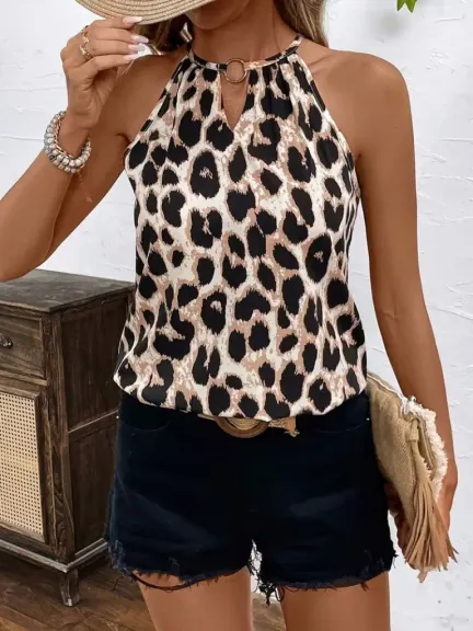Kadın Boyundan Halka Detaylı Leopar Süprem Bluz - S-M - Leopar