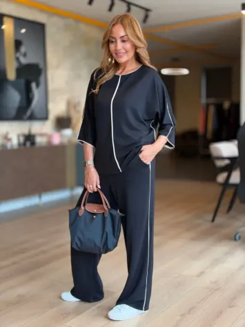 Kadın Dirsek Boy Kol şeritli Ikili Takım - L-XL - Siyah
