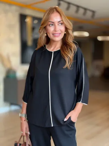 Kadın Dirsek Boy Kol şeritli Ikili Takım - L-XL - Siyah