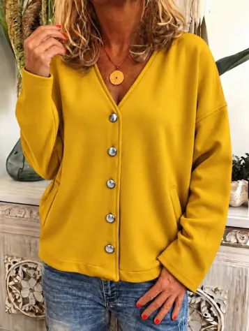 Kadın Düğme Detaylı V Yaka Oversize Hardal Sarısı Ceket / Hırka - XL - Hardal Sarısı