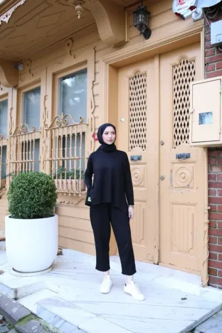 Kadın Iki Iplik Viskon Pamuk Kumaş Arma Detaylı Ikili Takım - L-XL - Siyah