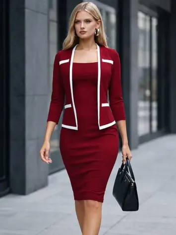 Kadın Ip Askılı Midi Ithal Krep Elbise Ve Düğmesiz Onu Açık Ithal Krep Ceket Ikili Takım - 2XL-3XL - Kırmızı