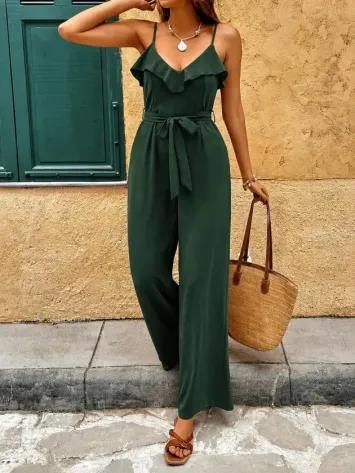 Kadın Ip Askılı V Fırfır Yakalı Beli Kuşaklı Uzun Sandy Tulum - 2XL-3XL - Yeşil