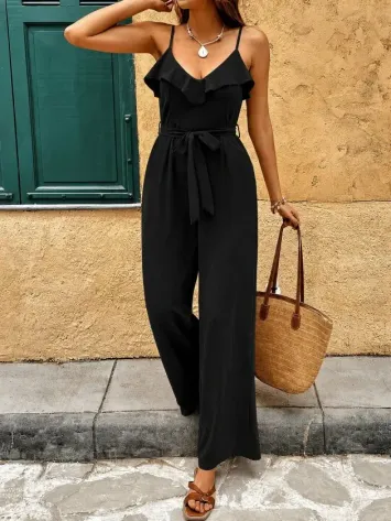 Kadın Ip Askılı V Fırfır Yakalı Beli Kuşaklı Uzun Sandy Tulum - 2XL-3XL - Siyah