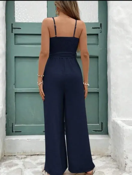 Kadın Ip Askılı V Yakalı Belden Kuşaklı Uzun Aerobin Tulum - 2XL-3XL - Lacivert