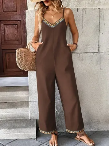 Kadın Ip Askılı V Yakalı Etnik Serit Desenli Cep Detaylı Janjan Krep Tulum - L-XL - Kahve