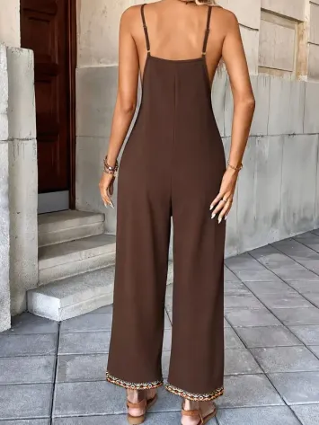 Kadın Ip Askılı V Yakalı Etnik Serit Desenli Cep Detaylı Janjan Krep Tulum - L-XL - Kahve