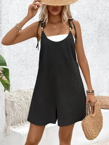 Kadın Ip Askılı Yuvarlak Yakalı Boncuk Detaylı Geniş Paçalı Salaş Kısa Pera Tulum - 3XL - Siyah