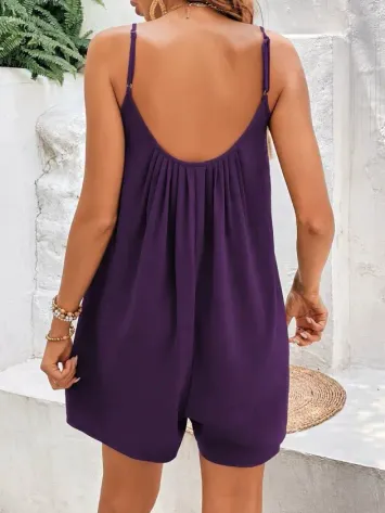 Kadın Ip Askılı Yuvarlak Yakalı Pileli Kısa Arobin Tulum - 2XL-3XL - Mor