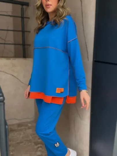 Kadın Kahve Kapşonlu Etek Ucu Detay Arma Ters Dikiş Gorunumlu Ikili Takım - 2XL-3XL - Mavi