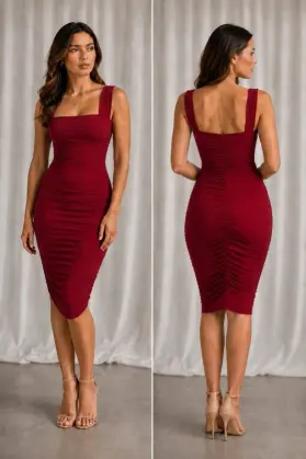 Kadın Kalın Askılı Büzgülü Sandy Elbise - L-XL - Kırmızı