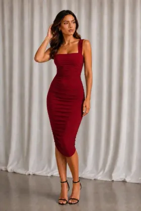 Kadın Kalın Askılı Büzgülü Sandy Elbise - L-XL - Kırmızı