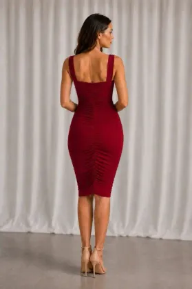 Kadın Kalın Askılı Büzgülü Sandy Elbise - L-XL - Kırmızı