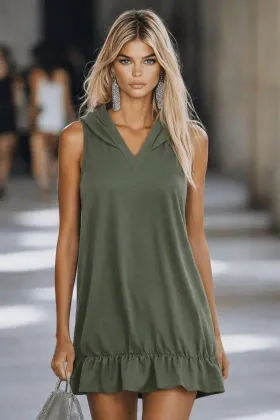 Kadın Kapüşonlu Omuzlardan Açık Eteği Fırfırlı Kısa Modal Elbise - L-XL - Haki