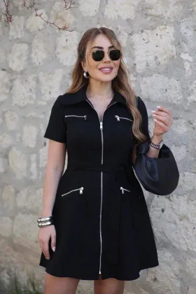 Kadın Kısa Kollı Yakalı önden Fermuarlı Ve Cepli Kısa Modal Elbise - S-M - Siyah