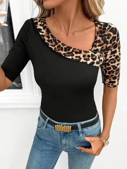 Kadın Kısa Kollu Asimetrik Kesim V Detaylı Leopar Desenli Viskon Bluz - 2XL-3XL - Siyah