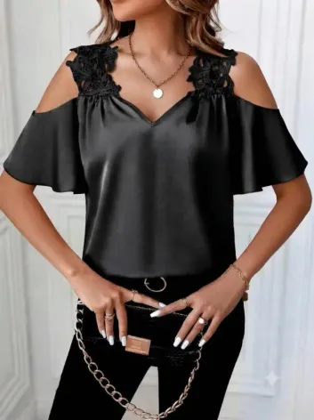 Kadın Kısa Kollu Askılı Dantel Detaylı Dubai Bluz - L-XL - Siyah