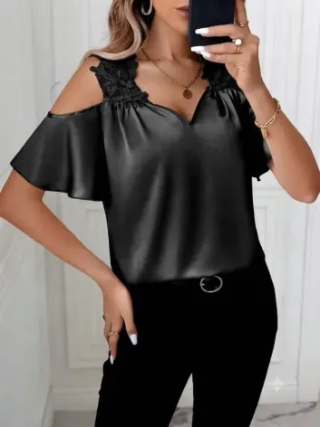 Kadın Kısa Kollu Askılı Dantel Detaylı Dubai Bluz - L-XL - Siyah