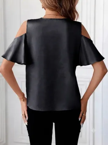 Kadın Kısa Kollu Askılı Dantel Detaylı Dubai Bluz - L-XL - Siyah