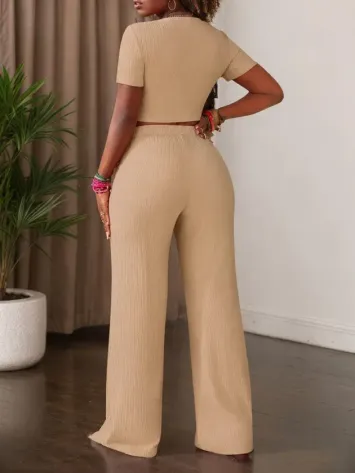 Kadın Kısa Kollu Bisiklet Yaka Bürümcük Krop Bluz Ve Pantolon Ikili Takım - L-XL - Bej