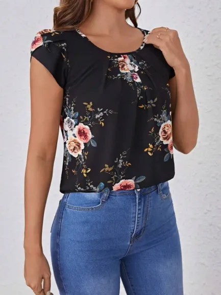 Kadın Kısa Kollu Bisiklet Yaka çiçek Baskılı Süprem Bluz - L-XL - Siyah