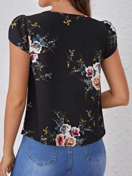 Kadın Kısa Kollu Bisiklet Yaka çiçek Baskılı Süprem Bluz - L-XL - Siyah