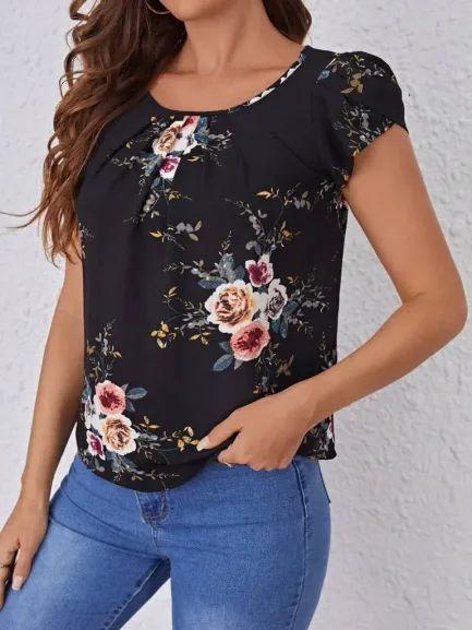 Kadın Kısa Kollu Bisiklet Yaka çiçek Baskılı Süprem Bluz - L-XL - Siyah