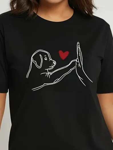 Kadın Kısa Kollu Bisiklet Yaka Köpek Baskılı Viskon Bluz - L-XL - Siyah