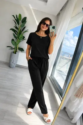 Kadın Kısa Kollu Bisiklet Yakalı Viskon Iki Iplik Bluz Ve Pantolon Ikili Takım - L-XL - Siyah