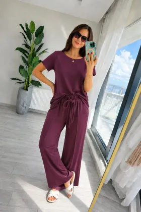 Kadın Kısa Kollu Bisiklet Yakalı Viskon Iki Iplik Bluz Ve Pantolon Ikili Takım - 2XL-3XL - Bordo