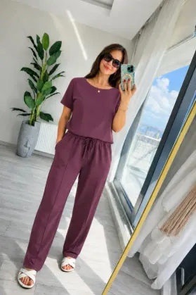 Kadın Kısa Kollu Bisiklet Yakalı Viskon Iki Iplik Bluz Ve Pantolon Ikili Takım - 2XL-3XL - Bordo