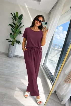 Kadın Kısa Kollu Bisiklet Yakalı Viskon Iki Iplik Bluz Ve Pantolon Ikili Takım - 2XL-3XL - Bordo