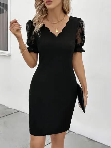 Kadın Kısa Kollu Dantelli V Yakalı Yanlardan Büzgülü çapraz Detaylı Janjan Krep Elbise - 4XL-5XL - Siyah