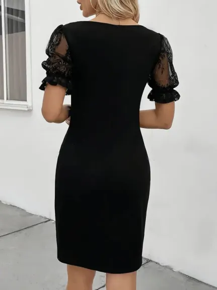 Kadın Kısa Kollu Dantelli V Yakalı Yanlardan Büzgülü çapraz Detaylı Janjan Krep Elbise - 4XL-5XL - Siyah