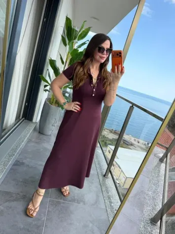 Kadın Kısa Kollu Iki Tarafı Düğme Detaylı Uzun Modal Elbise - 2XL-3XL - Bordo