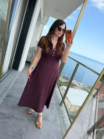 Kadın Kısa Kollu Iki Tarafı Düğme Detaylı Uzun Modal Elbise - S-M - Bordo