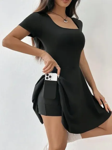 Kadın Kısa Kollu Kare Yaka Short Detaylı Cepli Dalgıç Elbise - 2XL-3XL - Siyah