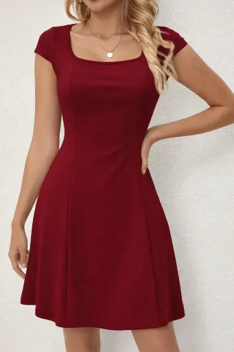 Kadın Kısa Kollu Kare Yakalı Kısa Ithal Krep Elbise - 2XL-3XL - Bordo