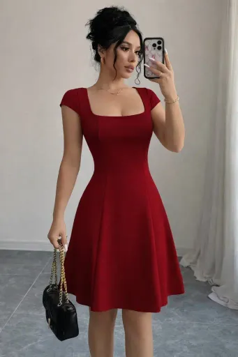 Kadın Kısa Kollu Kare Yakalı Kısa Ithal Krep Elbise - 2XL-3XL - Bordo