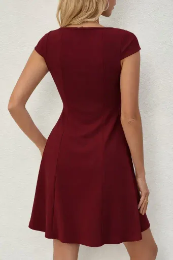 Kadın Kısa Kollu Kare Yakalı Kısa Ithal Krep Elbise - 2XL-3XL - Bordo