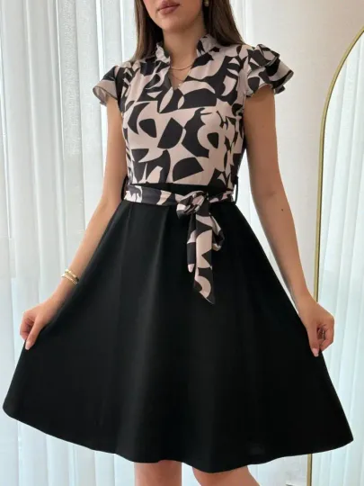Kadın Kısa Kollu Kolu Fırfır Detay Mini Kuşaklı Kloş Krep Elbise - 2XL-3XL - Siyah